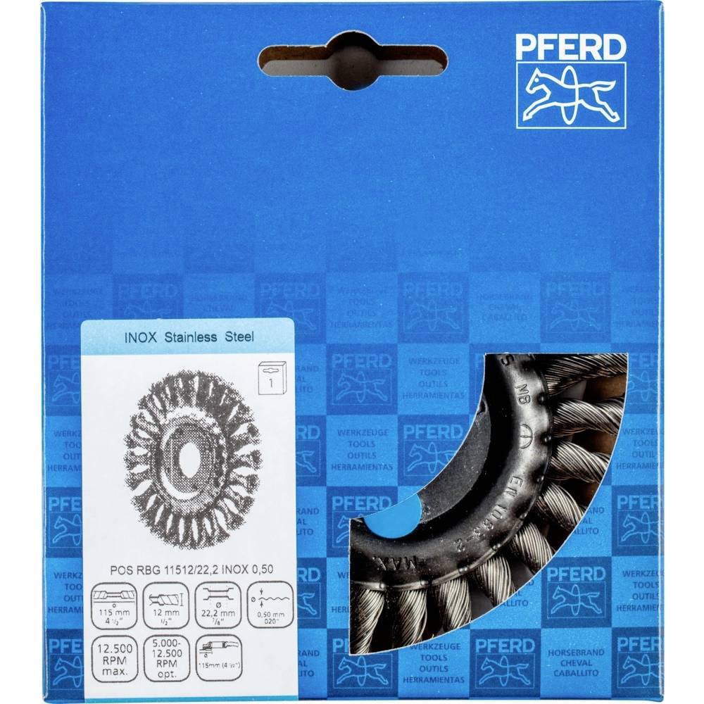 'PFERD RB6 okrúhla kefa z nehrdzavejúcej ocele, 115 mm, max. 12.500 ot./min. Balenie zobrazuje obrázok produktu, logo značky a technické parametre.'