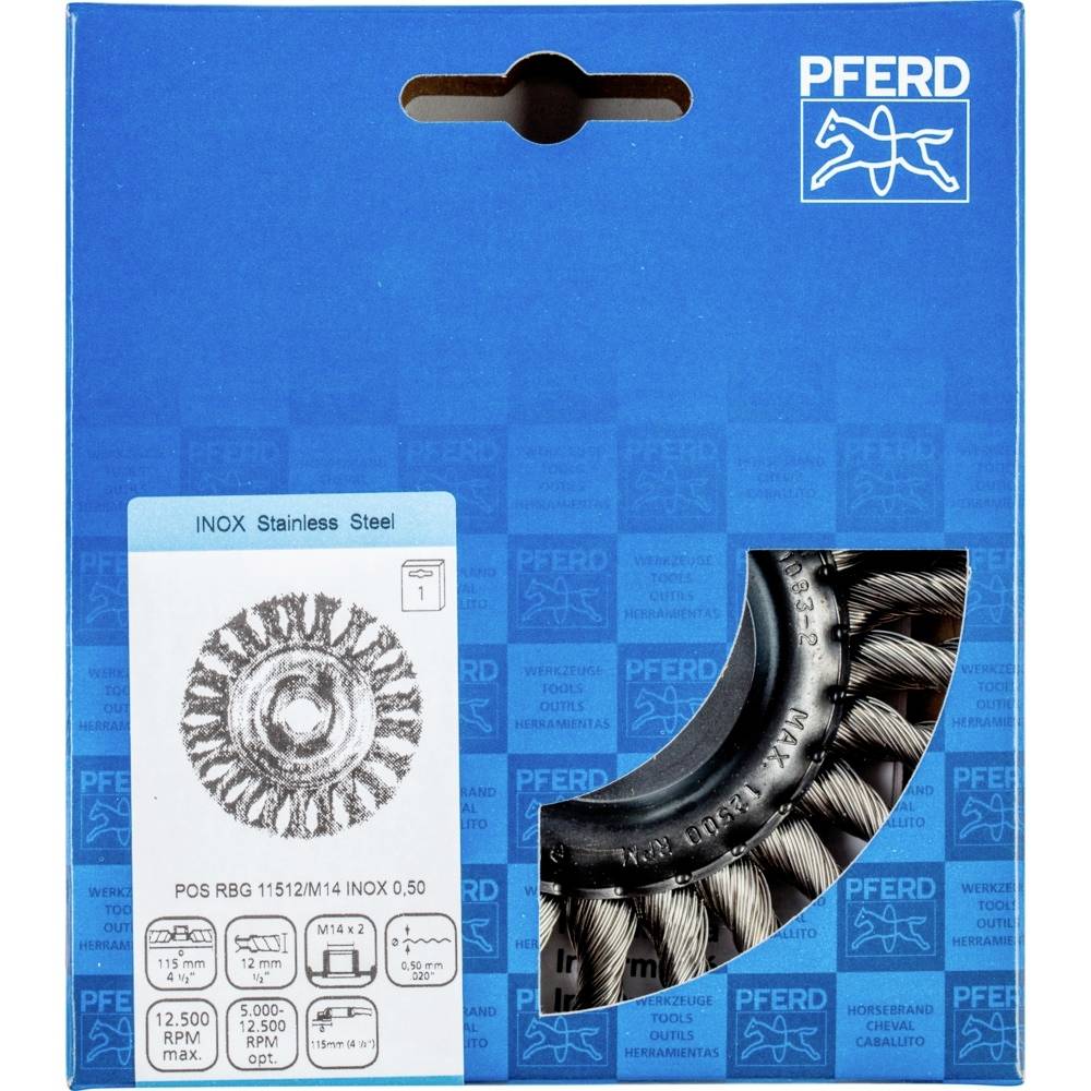Balenie oceľovej drôtenej kefy na kone, model INOX 115/22 M14, 0,50. Na obale sú vyobrazené informácie o produkte a fotografia kefy.