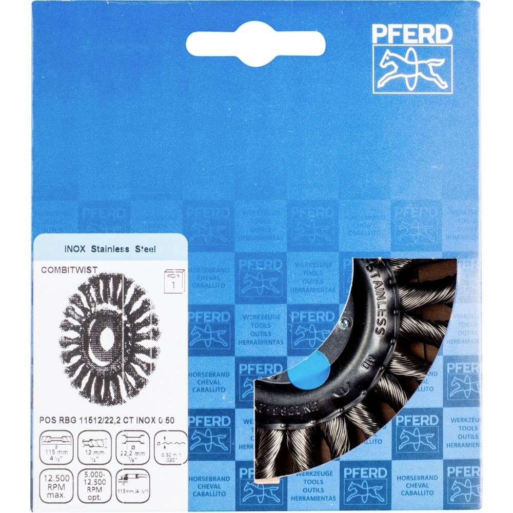 Balenie 'PFERD INOX Nehrdzavejúca oceľová kombinovaná brúsna doska' zobrazené s drôtenou kefou pre priemyselné použitie.