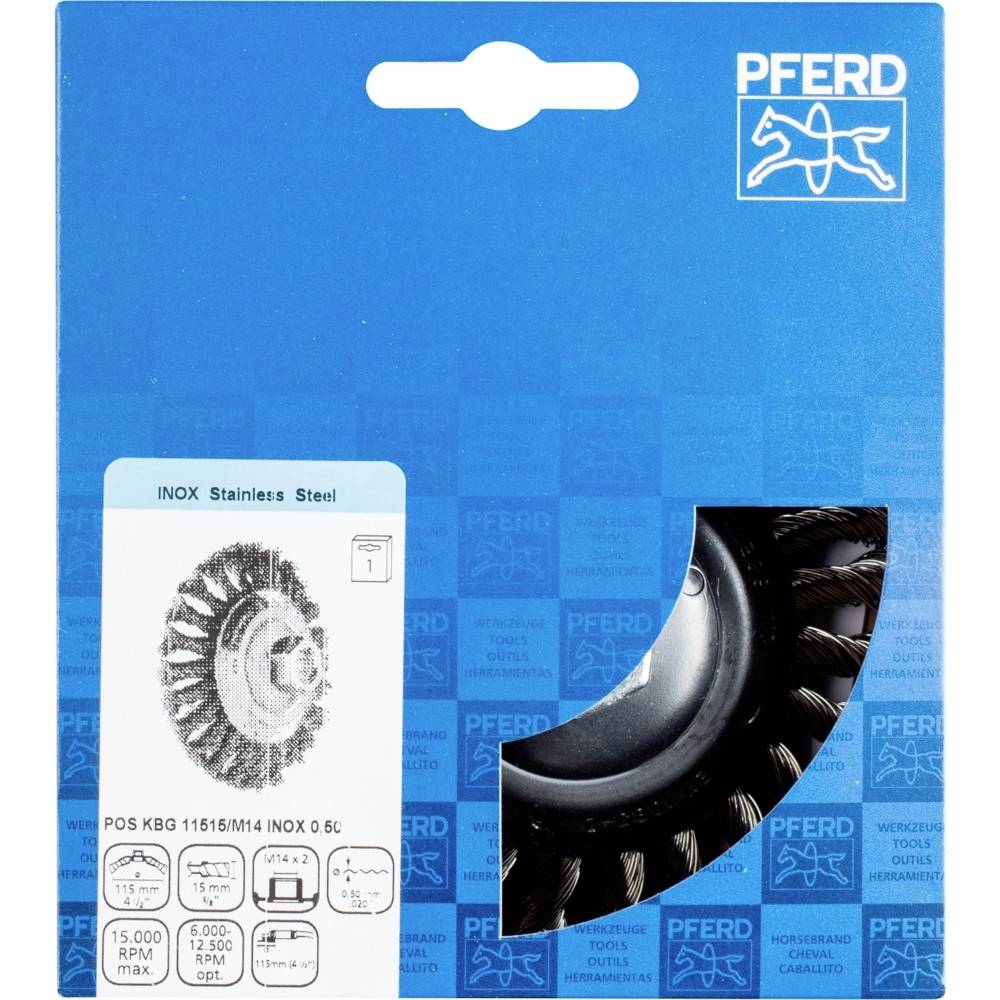 Balenie oceľovej drôtenej kefy PFERD INOX. Zobrazuje samotnú kefu, špecifikácie a maximálne povolené otáčky 15 000 ot./min.