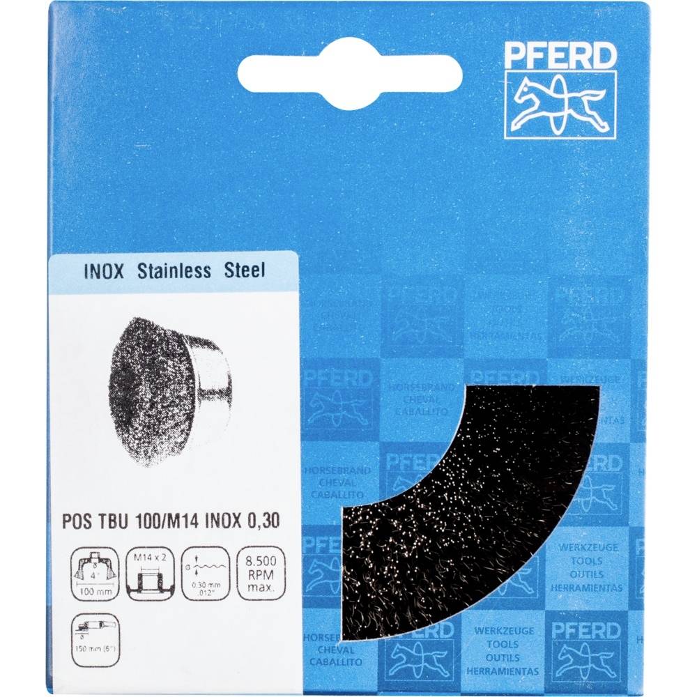 'PFERD' obaly pre nerezovú drôtenú kefu, modelové číslo POS TBU 100/M14 INOX 0,30. Vhodné pre maximálne 8 500 otáčok za minútu.
