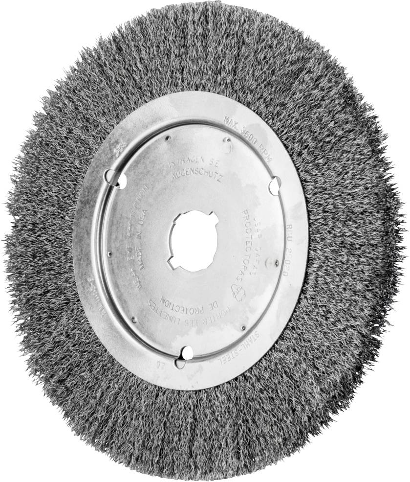 Guľatá drôtená kefa s kovovým jadrom a hustými drôtenými štetinami, vhodná na čistenie a úpravu povrchov rôznych materiálov.