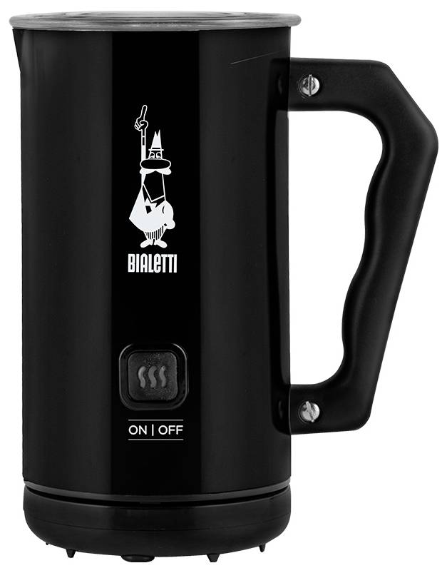 Elektrický napeňovač mlieka s rukoväťou, označený 'Bialetti', vybavený vypínačom a ikonou pary.