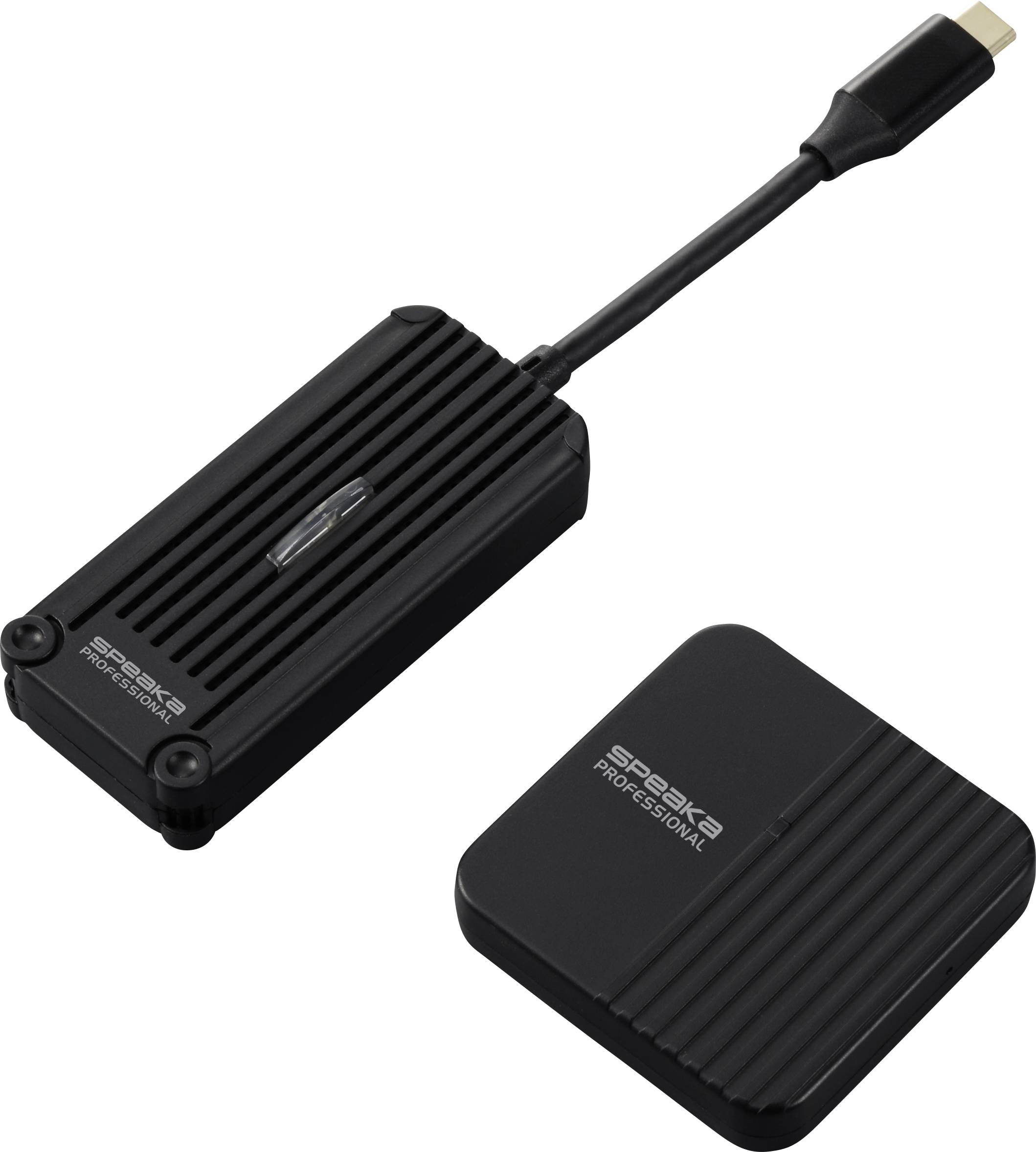 Čierny bezdrôtový HDMI vysielač a prijímač od 'SPEAKA PROFESSIONAL', pozostávajúci z obdĺžnikového vysielača s krátkym káblom a štvorcovým prijímačom.