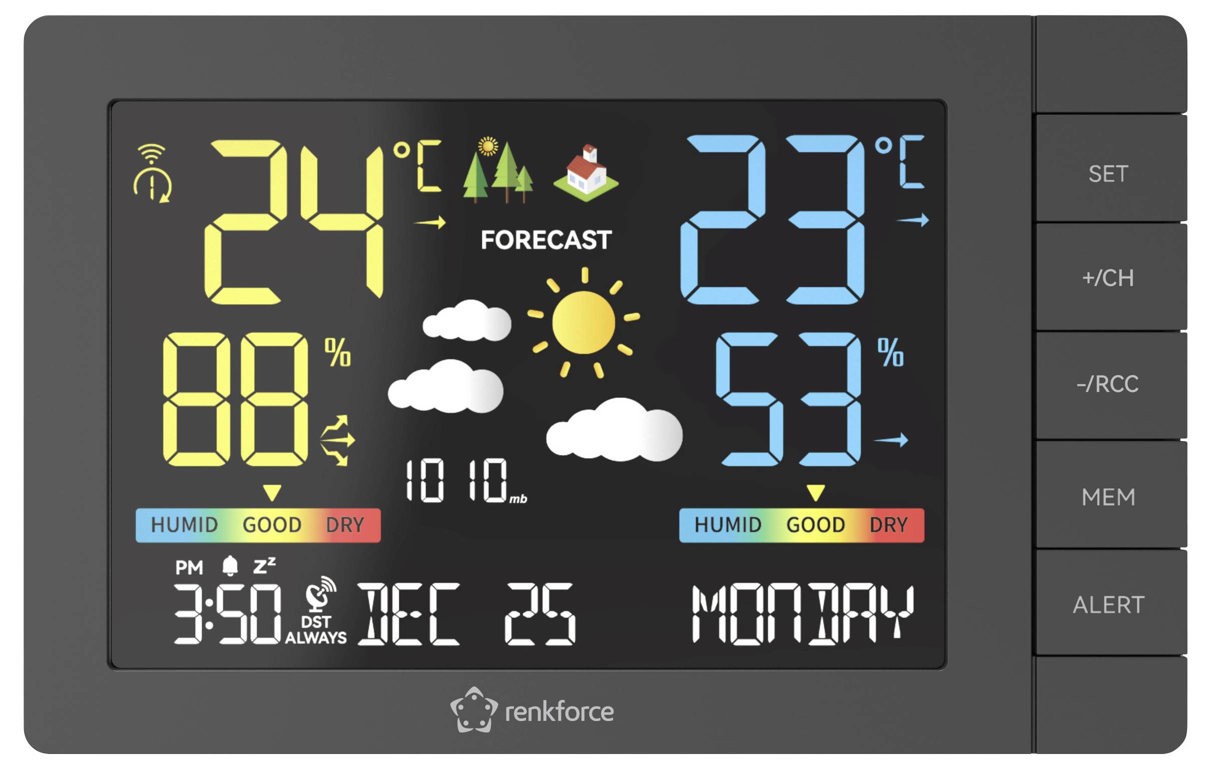 Elektronická meteorologická stanica ukazuje 24°C vnútri, 23°C vonku, s 88% a 53% vlhkosťou vzduchu. Symboly slnka, lesa a hory.