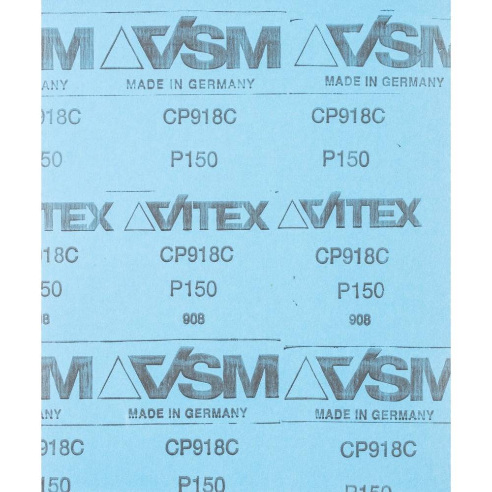 Modré brúsne papiere s potlačou 'VSM MADE IN GERMANY', 'VITEX CP918C P150'.