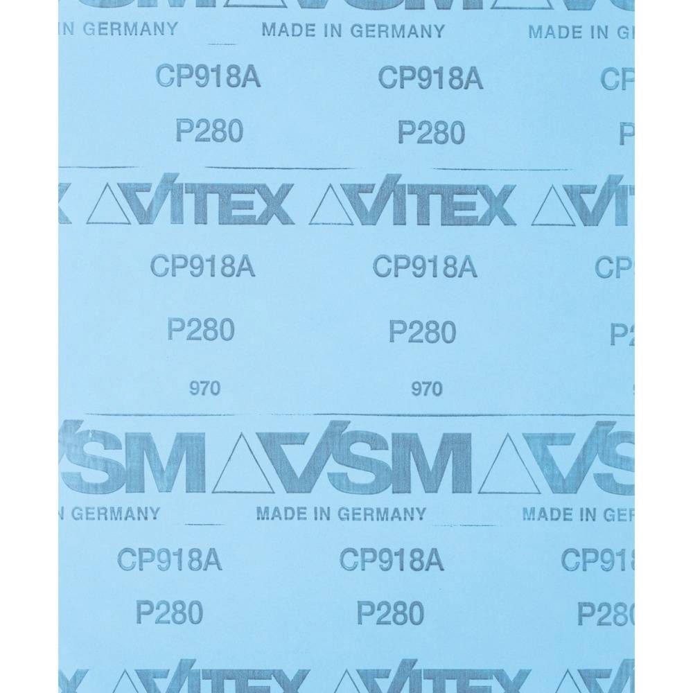 Modré brúsne plátno s označeniami: 'VSM', 'VITEX', 'CP918A', 'P280' a 'MADE IN GERMANY'.