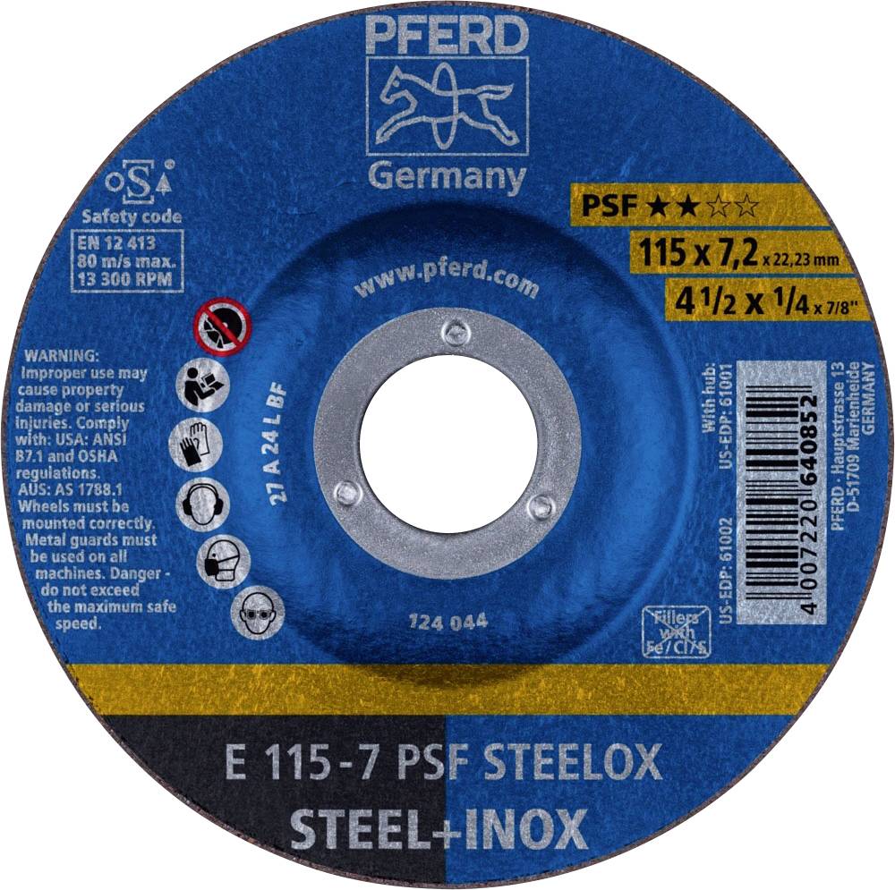 PFERD TOOLS 62011640 E 115-7 PSF STEELOX Afbraamschijf gebogen Diameter 115 mm Boordiameter 22.23 mm RVS, Staal 10 stuk(s) afbeelding