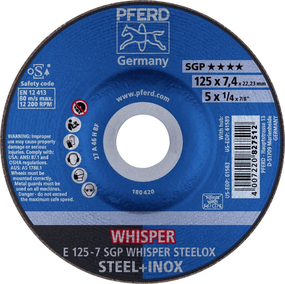 Brúsny kotúč 'Kôň Nemecko', modrý. Označený 'Whisper E 125-7 SGP Whisper Steelox Oceľ+Nerez'. Obsahuje bezpečnostné a produktové informácie.
