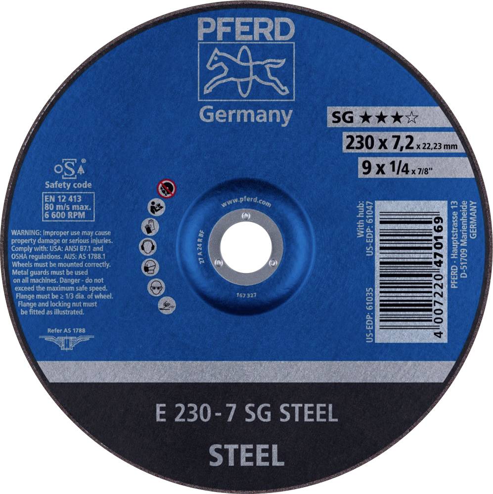 Brúsny kotúč od PFERD, model SG E 230-7, s priemerom 230 mm a hrúbkou 7,2 mm, vyrobený z ocele.