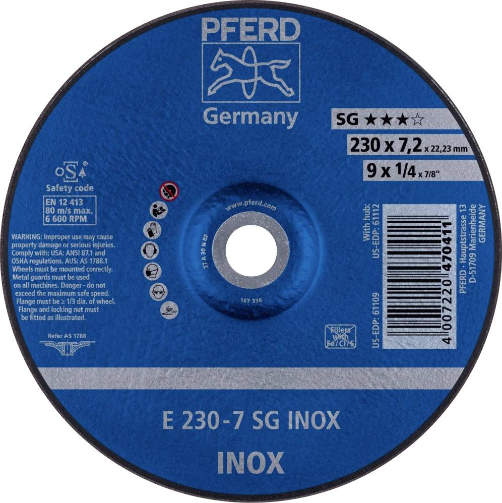 PFERD TOOLS 62223632 E 230-7 SG INOX Skrubskive forkrøppet Diameter 230 mm Borings-diameter 22.23 mm Rustfrit stål 10 stk
