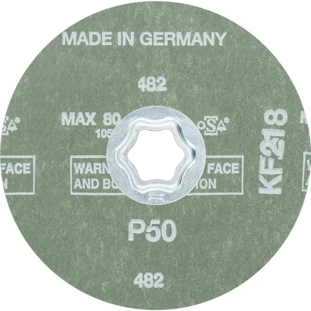 Brúsny kotúč s nápisom 'MADE IN GERMANY', maximálne 80 m/s, typ P50, KF218. Bezpečnostné upozornenia na prednej strane.