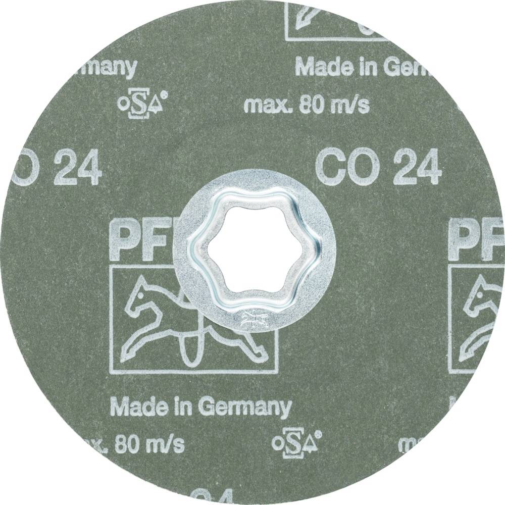 Brúsny kotúč s nápismi 'PFERD', 'Vyrobené v Nemecku', 'CO 24', 'max. 80 m/s'. Zelenkavý povrch v kruhovom tvare.