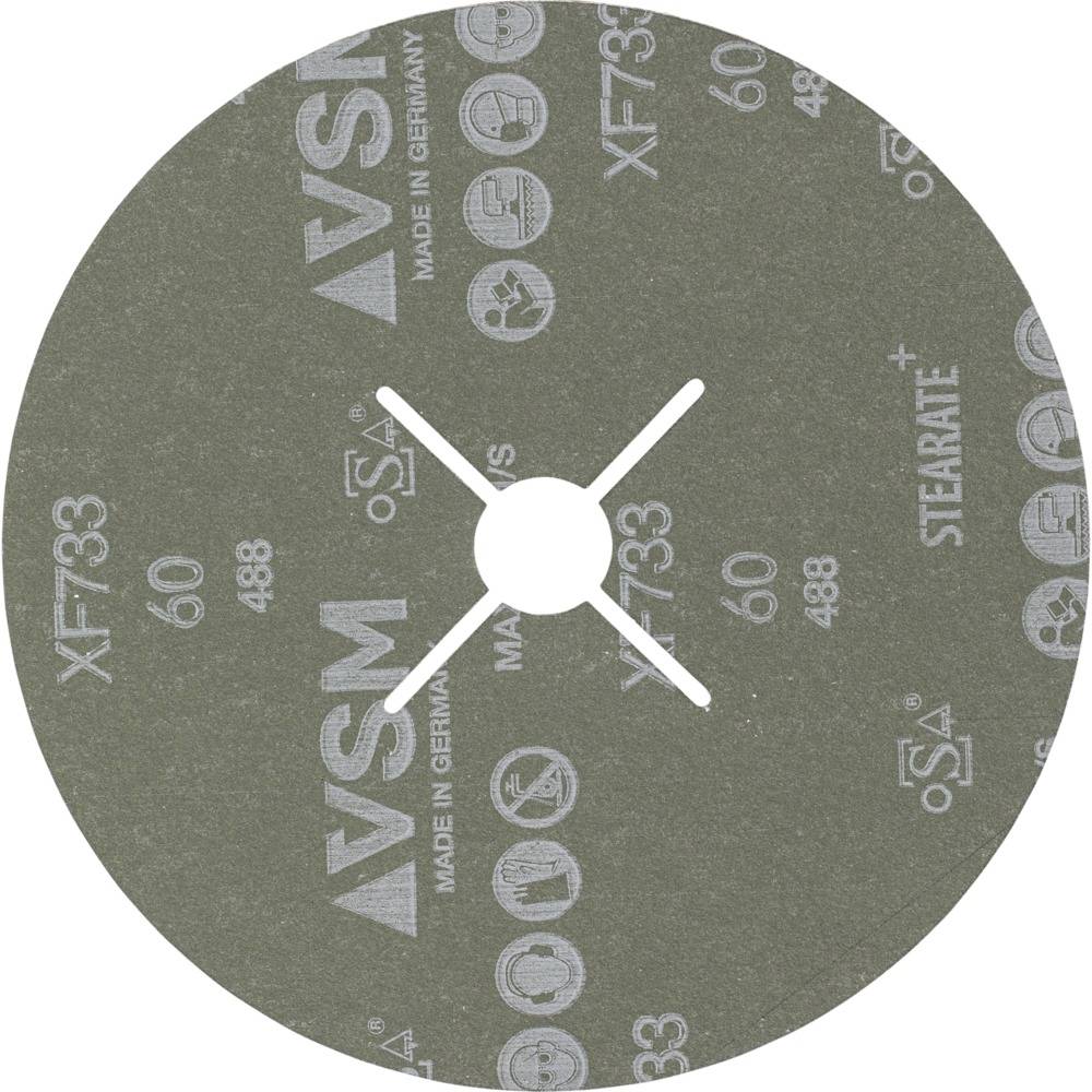 Guľatý brúsny papier od VSM, model XF733, zrnitosť 60, so stredovým krížovým otvorom. Potlač: MADE IN GERMANY, VSM a ďalšie symboly.