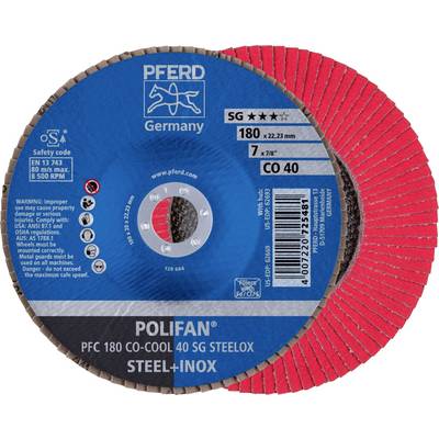 Brúsny kotúč značky 'PFERD', model 'POLIFAN PFC 180 CO-COOL', vhodný pre oceľ a nehrdzavejúcu oceľ, priemer: 180 mm, hrúbka: 22,23 mm.