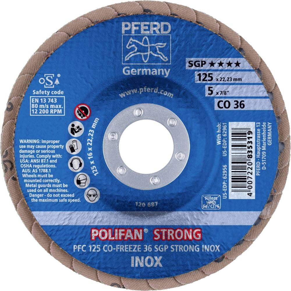 Brúsny kotúč s nápisom: 'PFERD', 'POLIFAN STRONG', 'INOX'. Priemer: 125 mm. Vhodný pre nehrdzavejúcu oceľ.