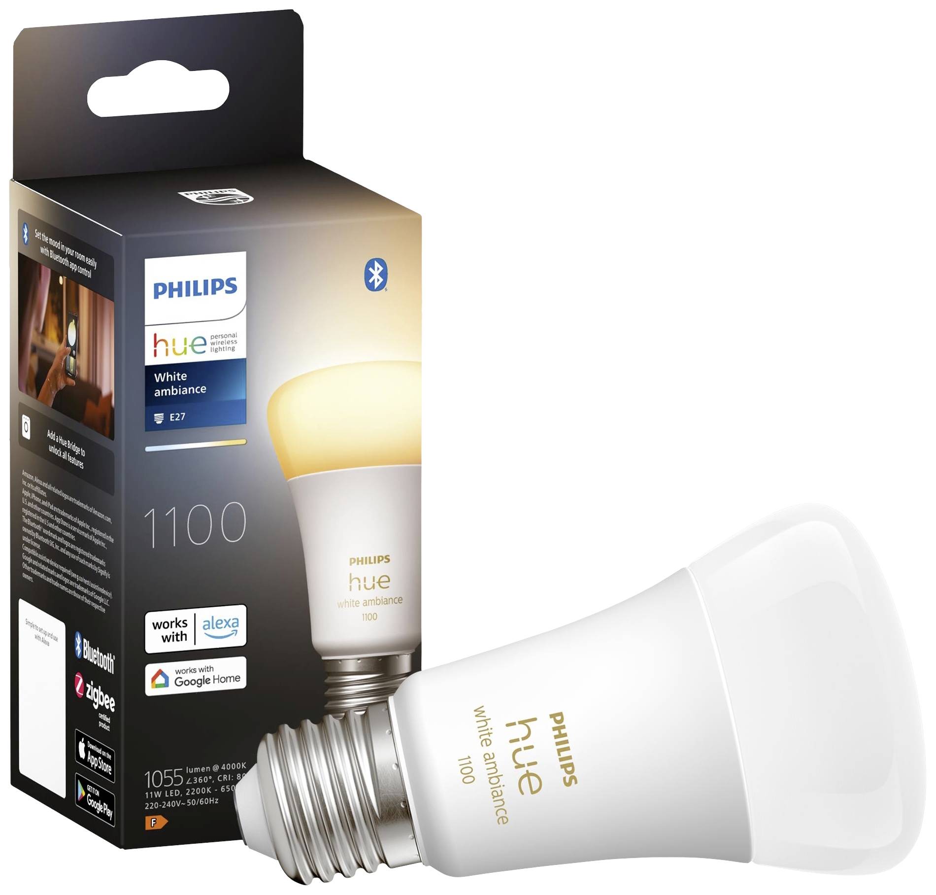 Balenie žiarovky značky Philips Hue s bielou LED žiarovkou. Kompatibilné s Alexou, Google Home a Bluetooth.