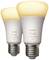 Dve Philips Hue White Ambiance žiarovky so soklom E27. Osvetľujú teplým bielym svetlom, vhodné pre inteligentné ovládanie osvetlenia.