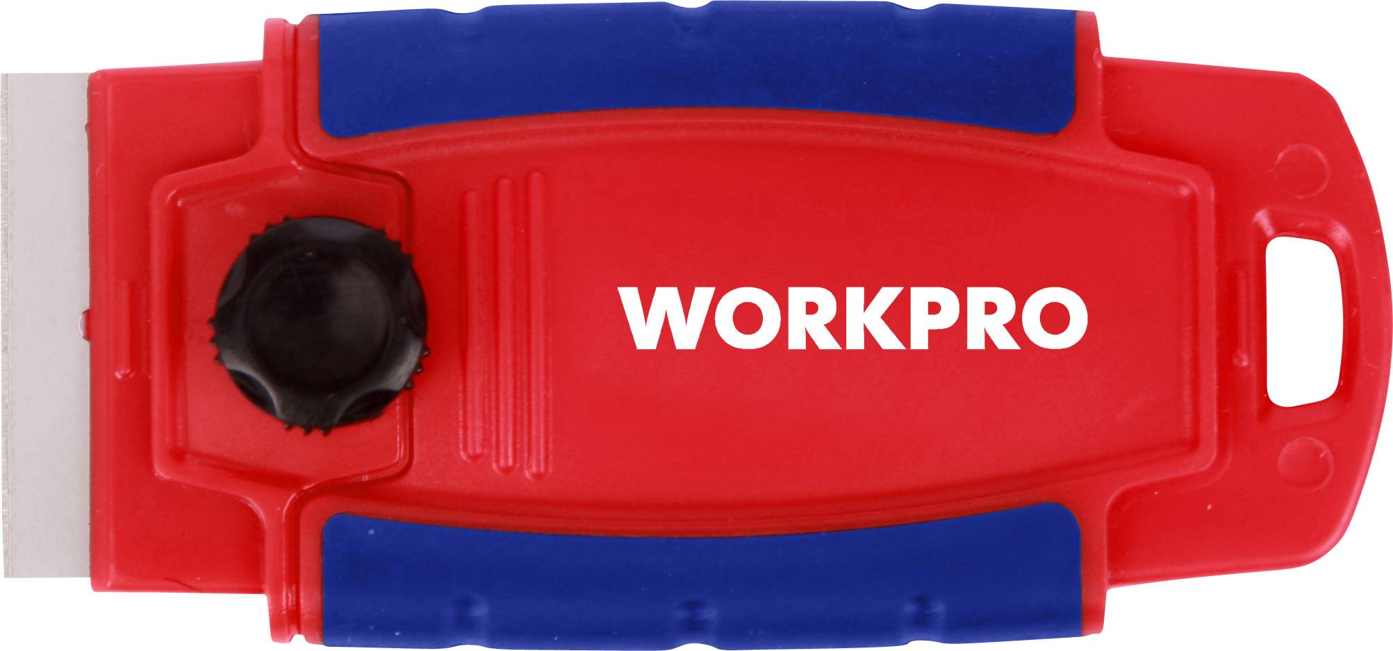 Červený a modrý praktický škrabací nástroj s bielym textom 'WORKPRO' na povrchu, čepeľ vľavo, rukoväť viditeľná.