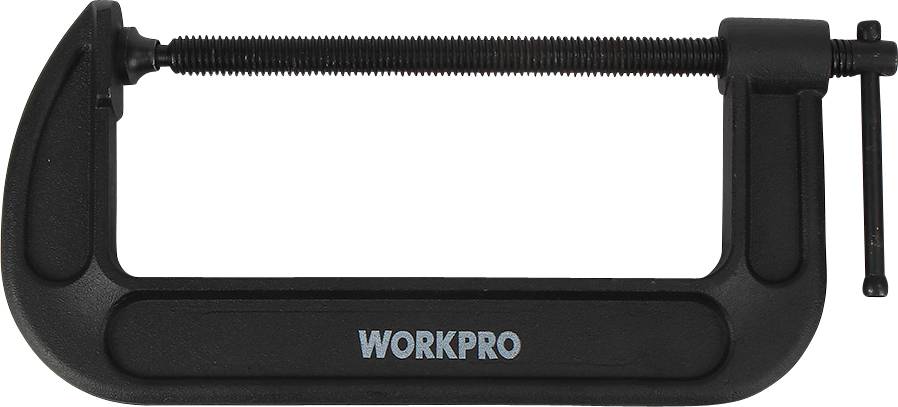 Čierna C-svorka s nápisom 'WORKPRO'. Má skrutku na utiahnutie a väčšinou sa používa na upevňovanie materiálov.