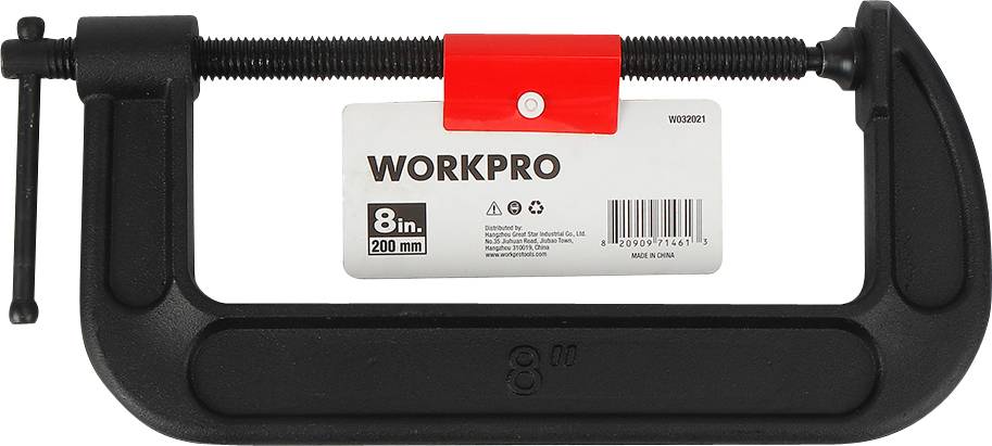 Skrutková svorka značky 'WORKPRO', 8 palcov, 200 mm. Číslo modelu WD20091. Čierna svorka s červeným kolíkom.