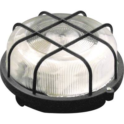 Robustná, guľatá stropná alebo nástenná lampa s priehľadným, vrúbkovaným sklom a čiernym kovovým ochranným krytom.