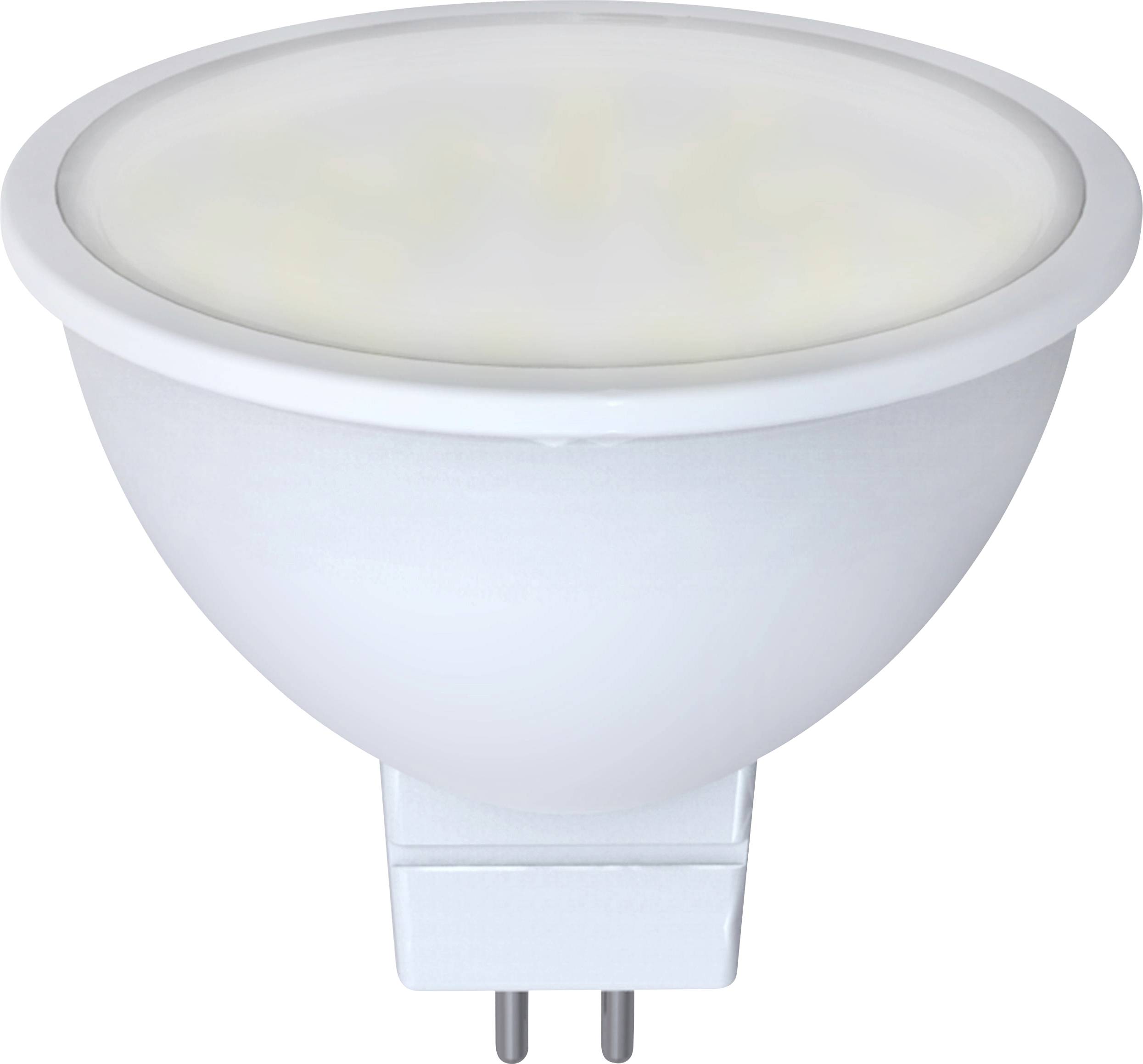 LED bodová lampa so socketom GU5.3 je znázornená. Lampa je biela a má okrúhly tvar, vhodná pre reflektory.