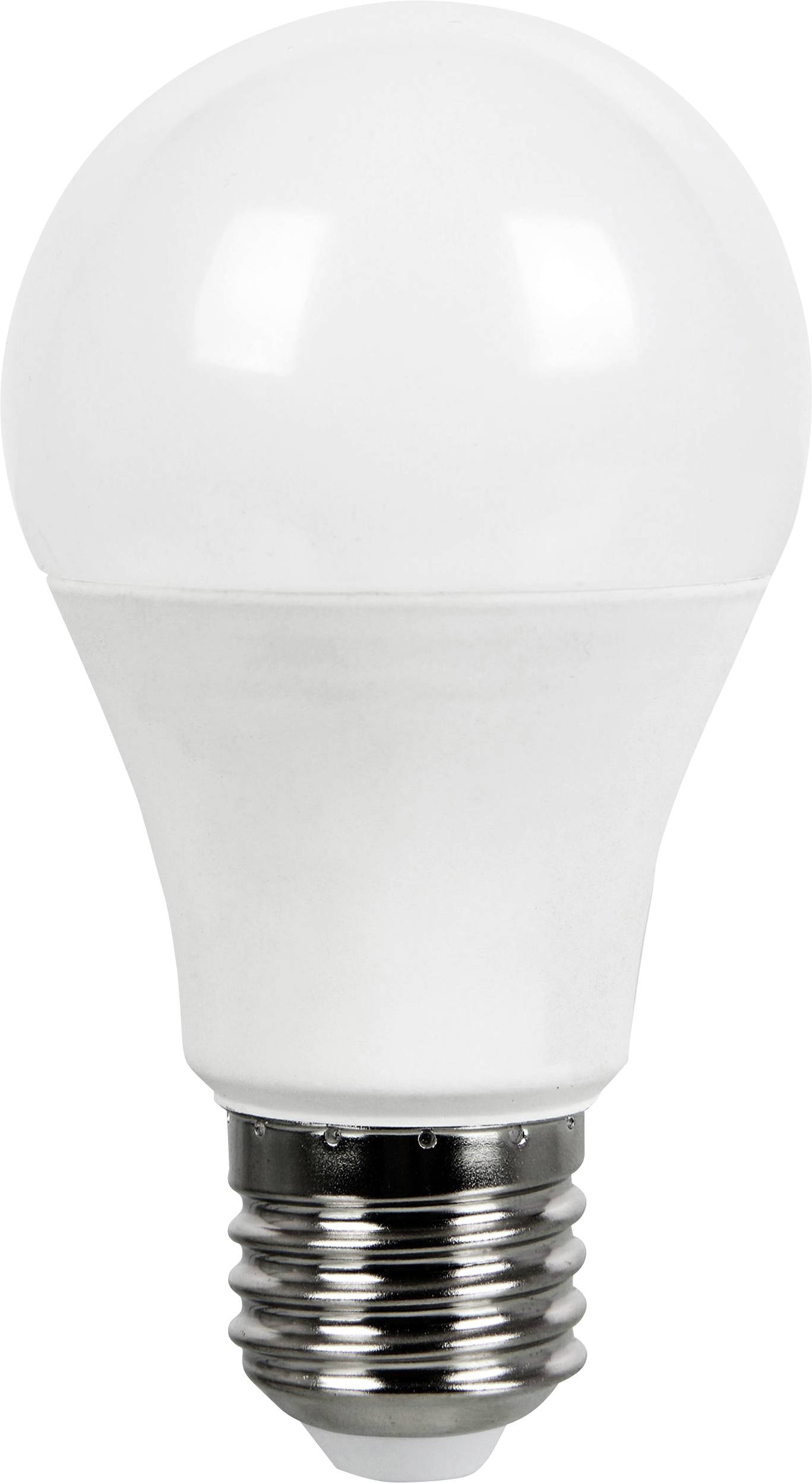 Biela LED žiarovka so štandardným päticovým spojom E27, vyfotografovaná pred neutrálnym pozadím.