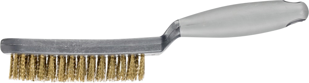 Drôtená kefa so sivou rukoväťou, zachytená z boku. Používa sa na odstraňovanie hrdze, farby alebo nečistôt z povrchov.