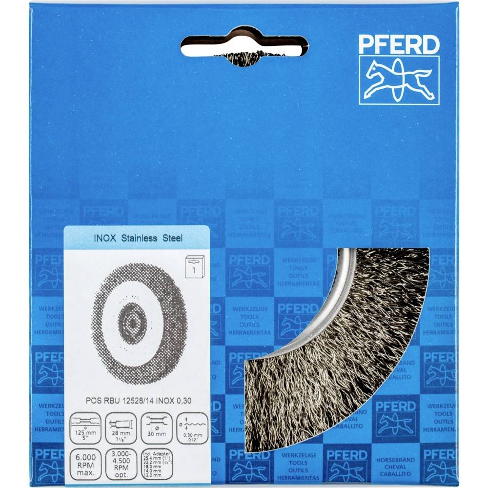 'PFERD RBU 125/14 INOX 0,30' Nerezová drôtená kefa v modrom balení, vhodná pre max. 6 000 ot./min. Ideálna pre brúsenie kovov.