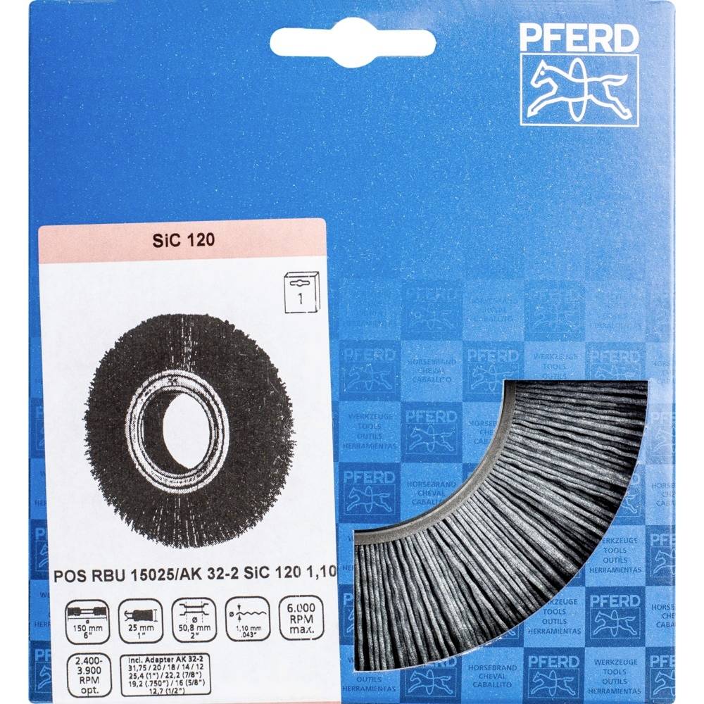Obal brúsneho kotúča PFERD s označením 'SiC 120', model 'POS RBU 15025/AK 32-2', znázornený s obrázkom produktu.