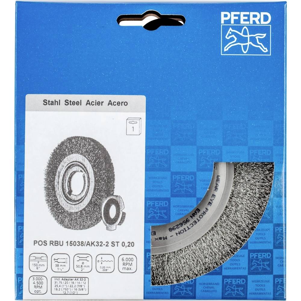 Oceľová rotačná kefa 'PFERD', model POS RBU 15038/AK32-2 ST 0,20, zobrazená v obale s technickým textom a vyobrazením produktu.