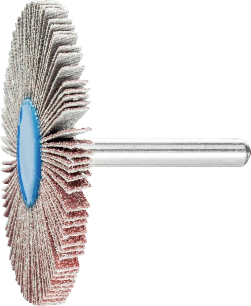 Lamelový brúsny kotúč s modrým stredom a kovovým driekom, pohľad z boku. Vhodný na brúsenie povrchov.