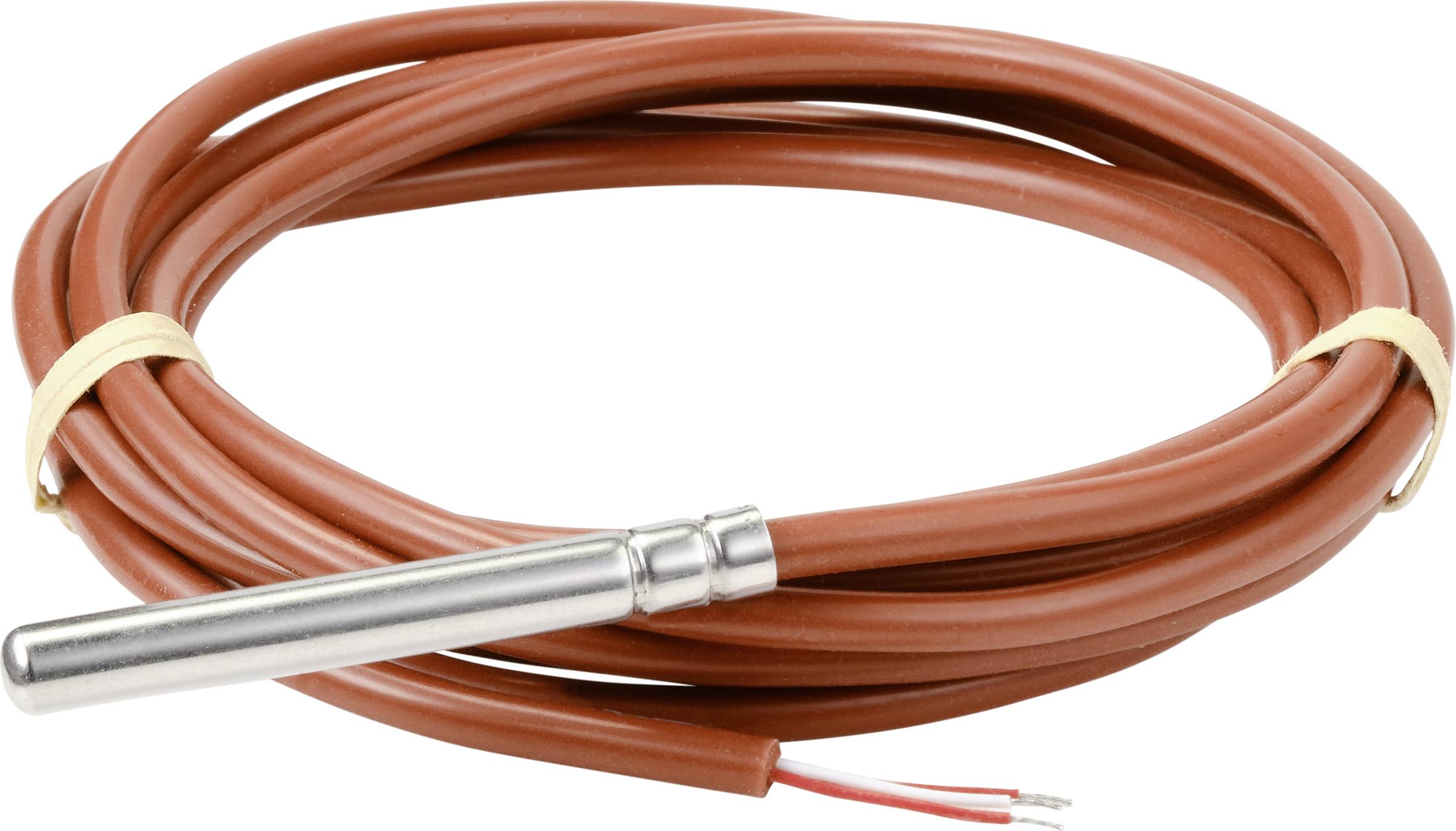 Dlhý, červený kábel so strieborným senzorom na jednom konci. Kábel je stočený do kruhu a na dvoch miestach pripevnený gumenými páskami.