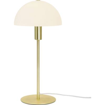 Moderná stolná lampa so zlatožltým stojanom a polguľovitým bielym tienidlom. Elektrický kábel lampy je biely.