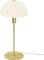 Stolová lampa s bielym, polguľovitým tienidlom a zlatým podstavcom; moderný, minimalistický dizajn.