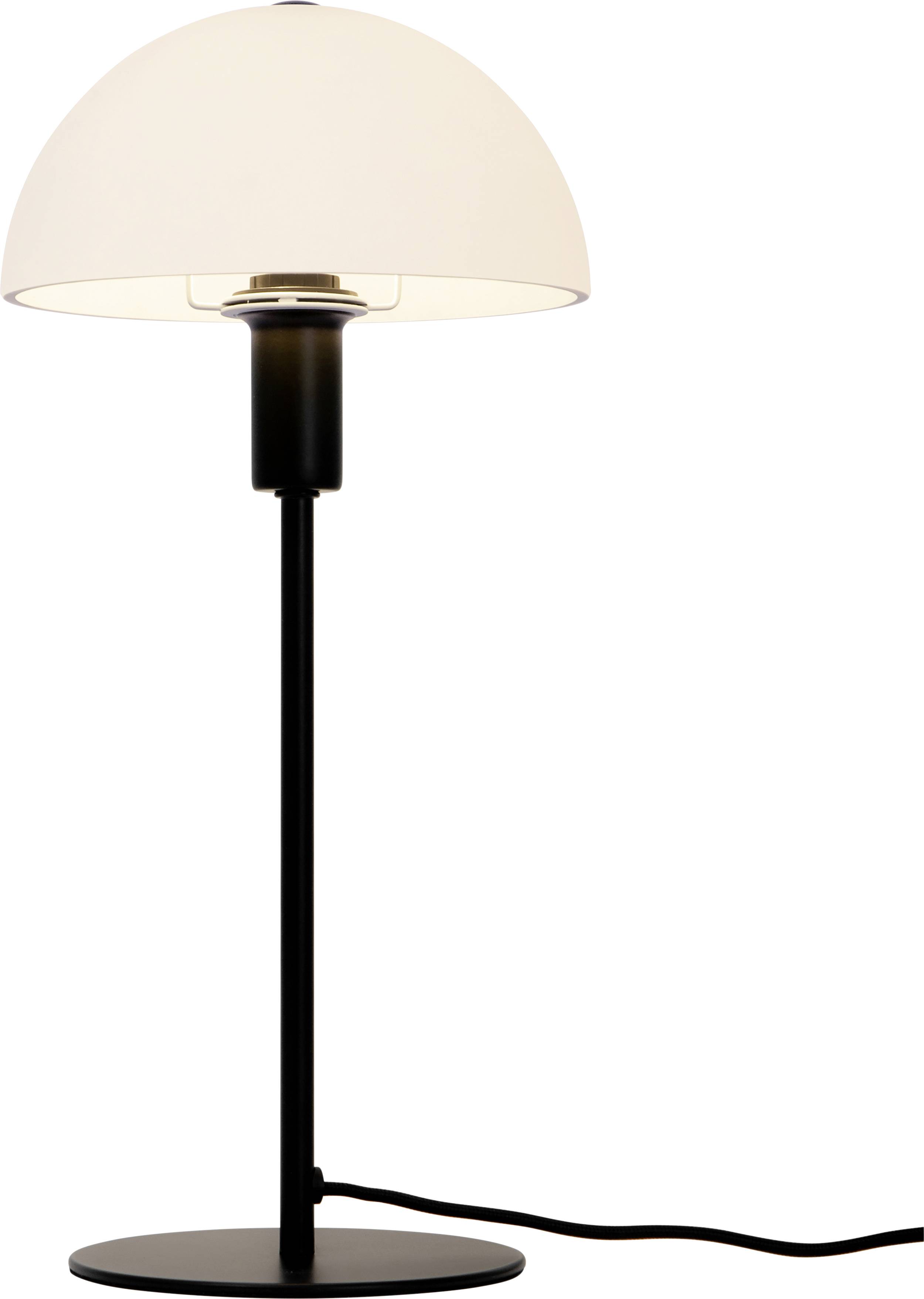 Moderná stolná lampa s čiernou základňou a okrúhlym bielym tienidlom, navrhnutá štýlovo a minimalisticky.