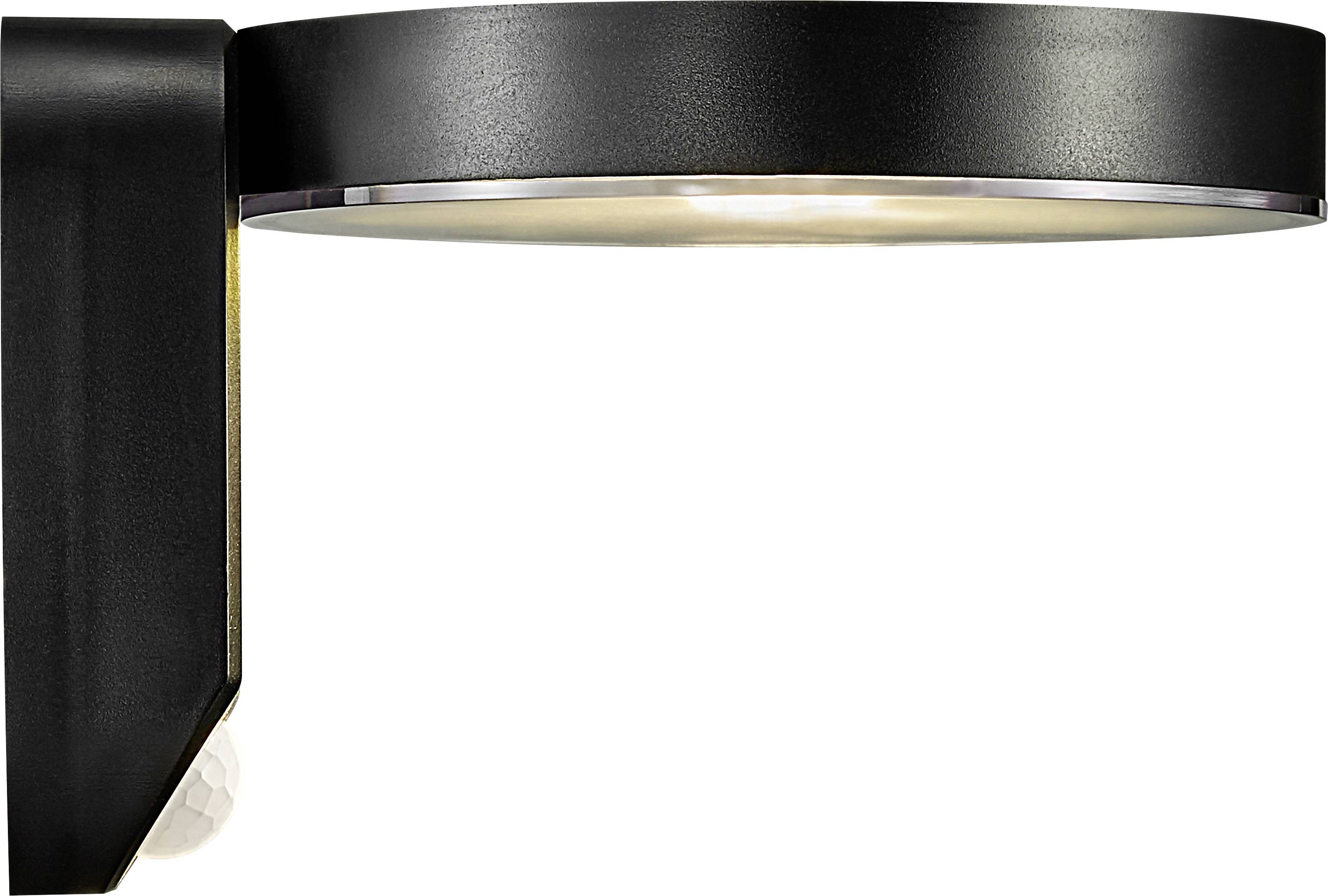 Moderná čierna vonkajšia nástenná lampa s okrúhlym tienidlom. Svetlo svieti smerom nadol. Ideálna na osvetlenie vstupov.