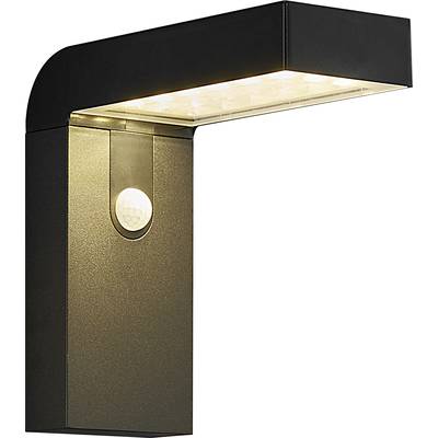 Moderná, čierna vonkajšia lampa s integrovaným pohybovým senzorom svieti priamo smerom nadol. Ideálna pre vchody alebo chodníky.