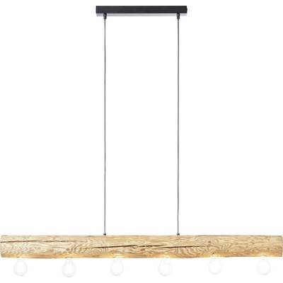 Závesná lampa s obdĺžnikovým dreveným rámom a piatimi viditeľnými žiarovkami, ktoré visia na tenkých lanách z čierneho stropného držiaka.