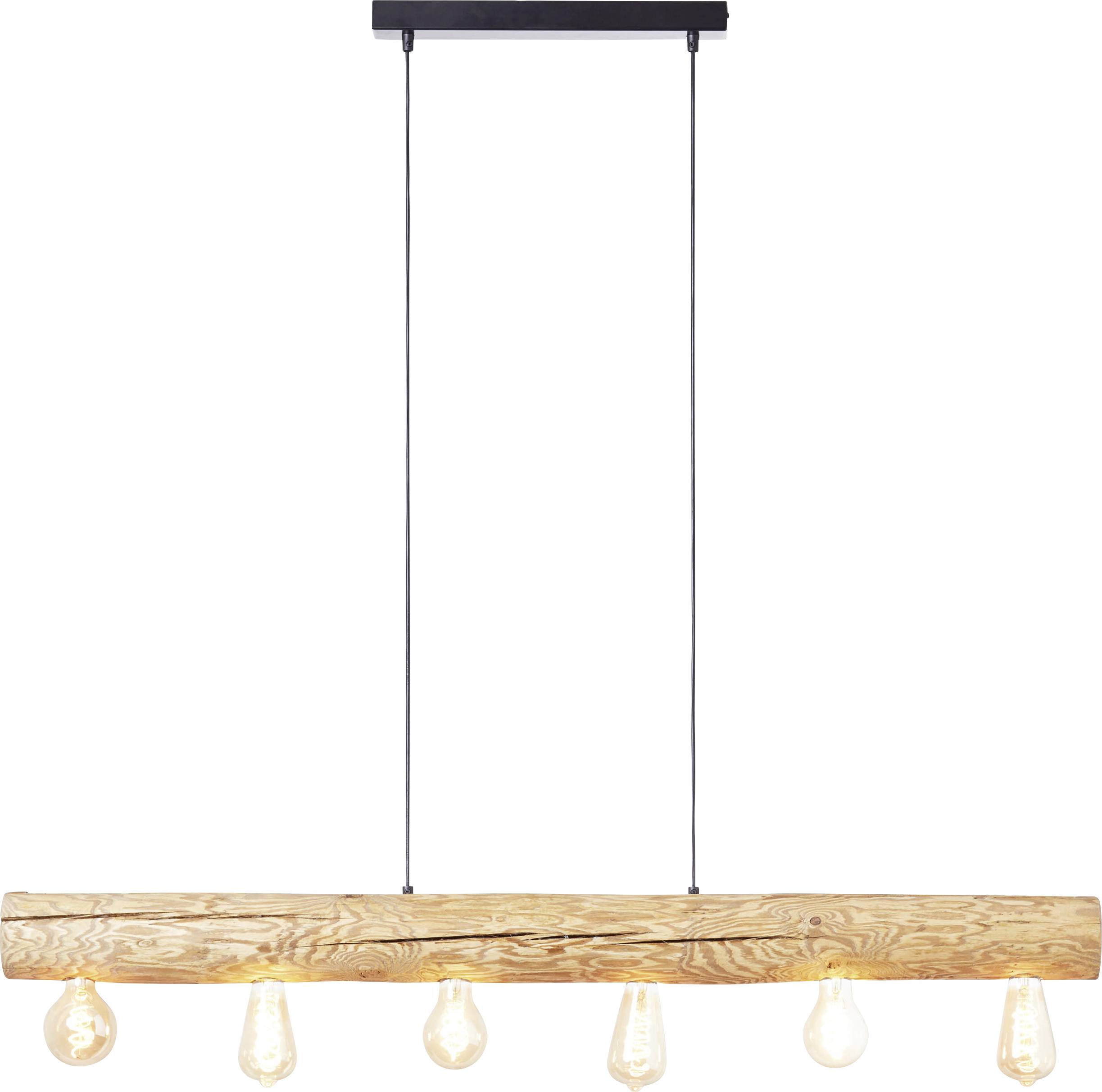 Závesná lampa s drevenou tyčou a piatimi viditeľnými žiarovkami pod ňou.