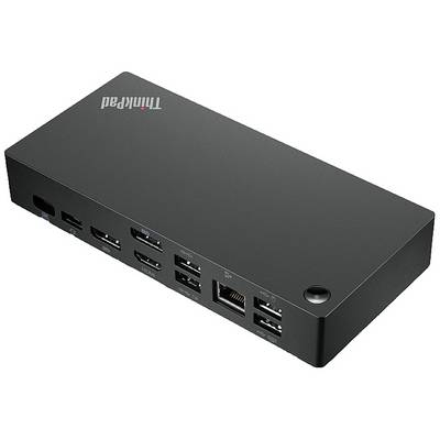 Čierna dokovacia stanica Lenovo ThinkPad s viacerými portmi: HDMI, DisplayPort, USB, Ethernet. Vhodná pre rozšírenú konektivitu laptopov.