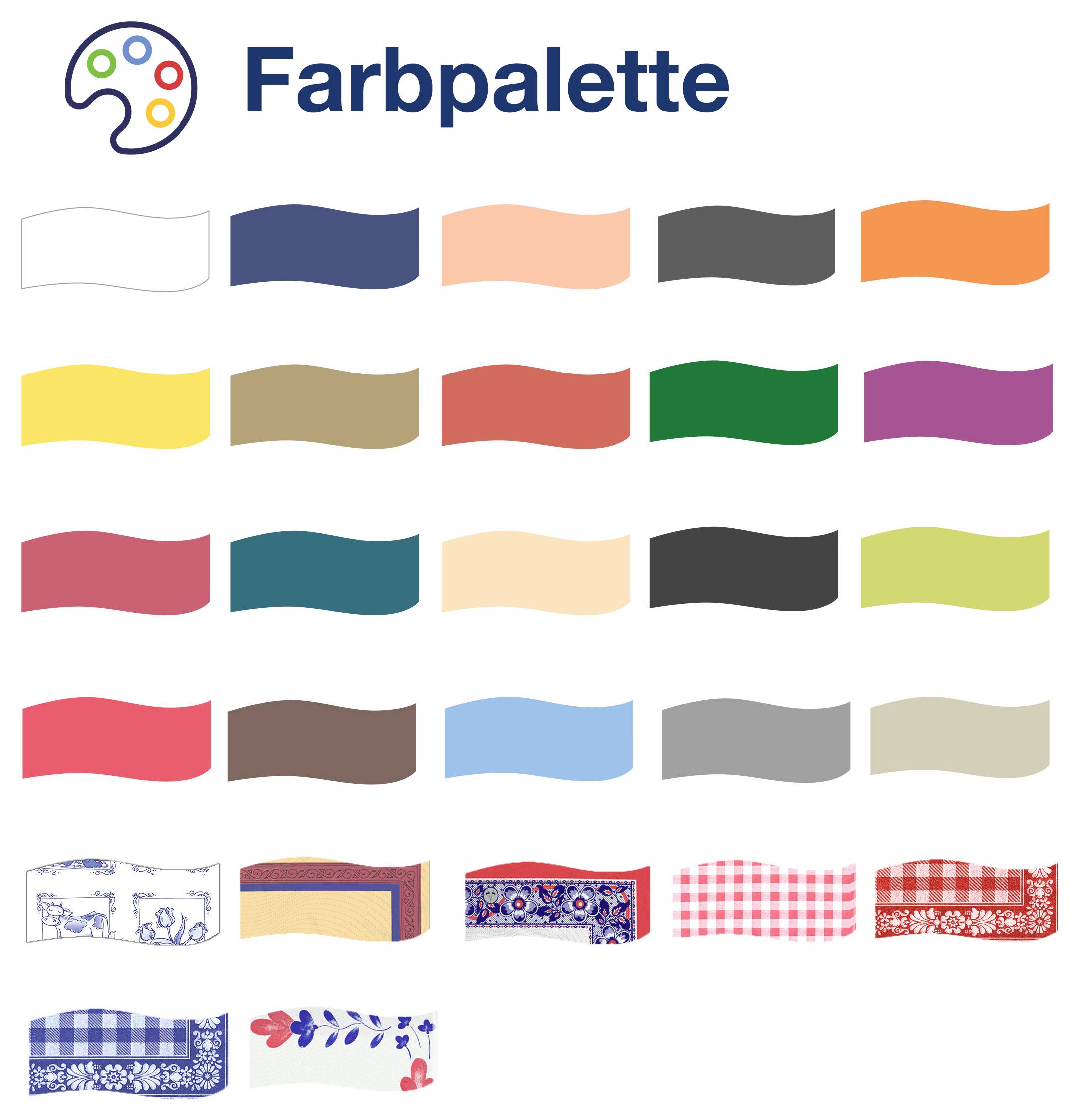 Farebná paleta s logom a množstvom farebných polí, ako aj sedem vzorových príkladov v spodnej časti, pravdepodobne na výber farieb a dizajnov.