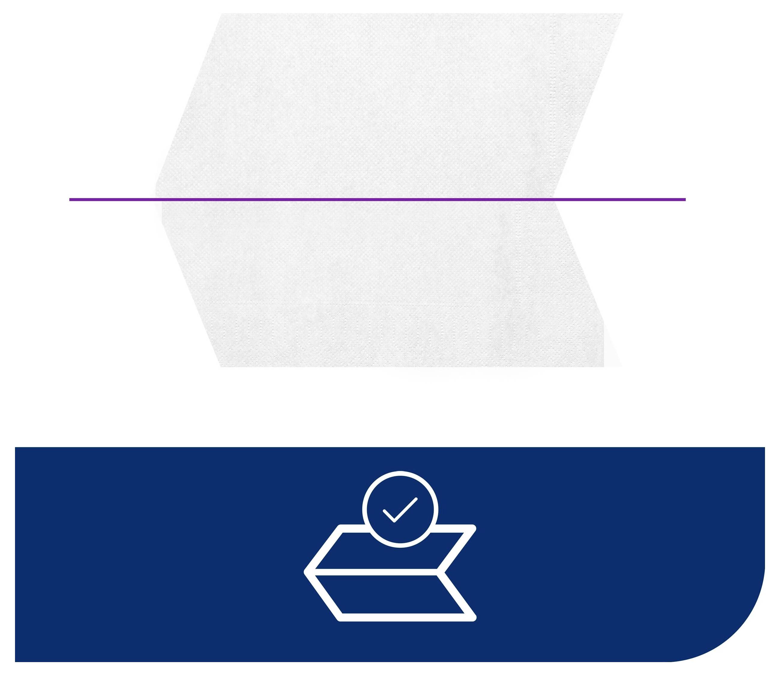Abstraktný symbol: biela, zložená forma s fialovou čiarou hore a dolu modré pole s začiarknutím v kruhu nad šípom.