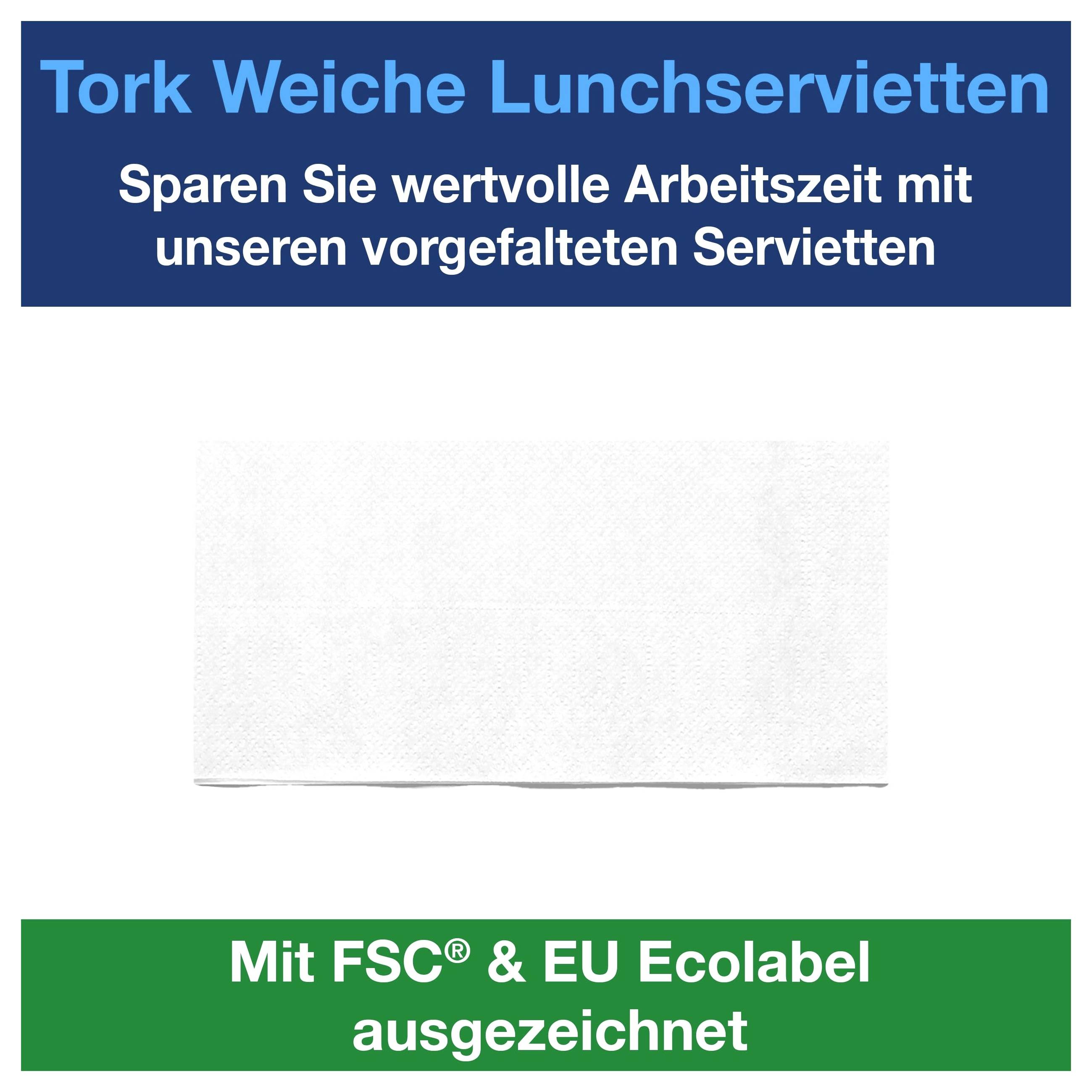 Reklamný banner pre Tork mäkké obedové servítky s upozornením „Ušetrite cenný pracovný čas s našimi vopred zloženými servítkami" a certifikáciami FSC/EU Ecolabel.