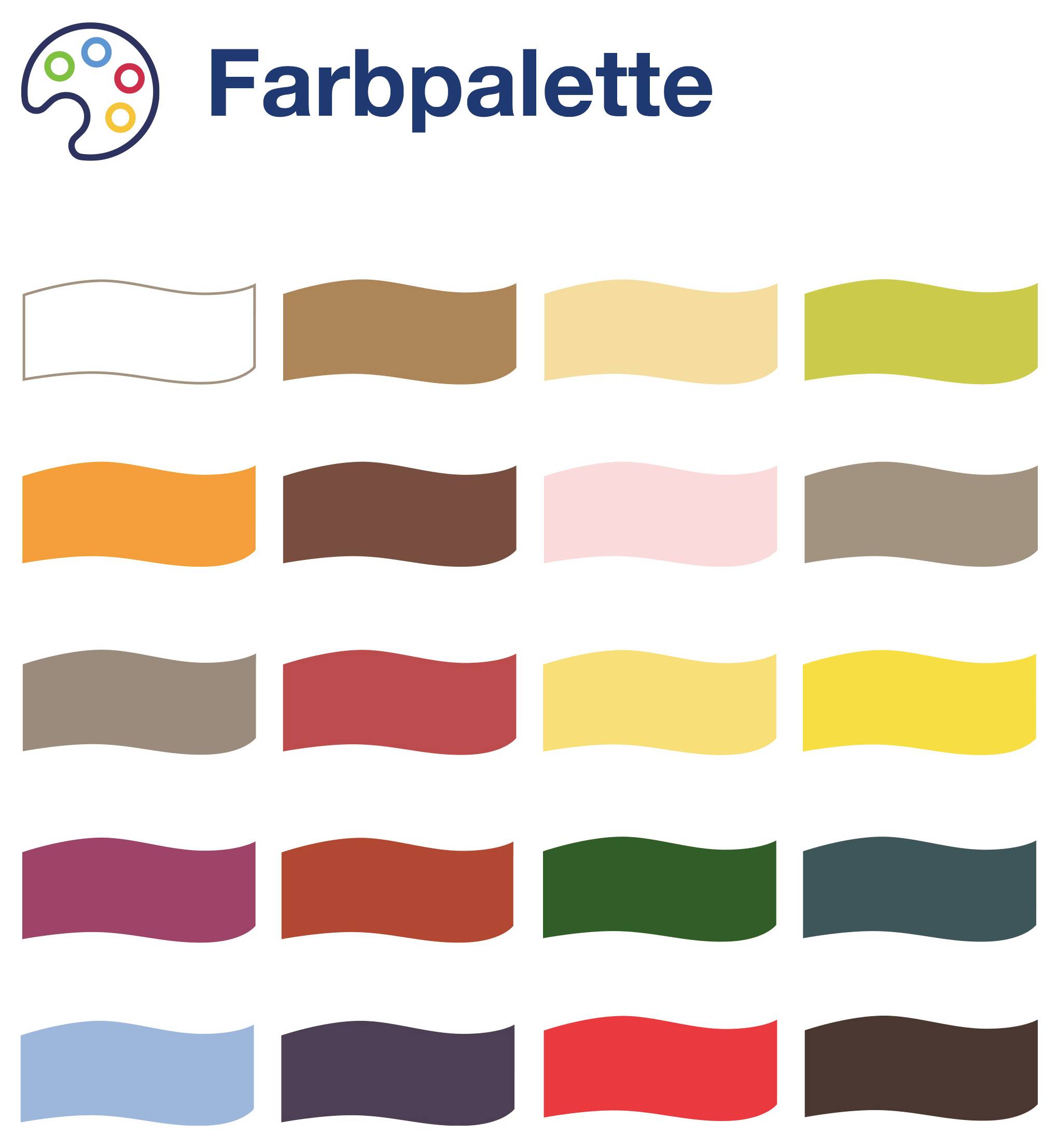 Farebná paleta s 20 farebnými vlnnatými poľami v radoch, vrátane bieleho, hnedého, žltého, oranžového, červeného, zeleného, modrého a šedého.