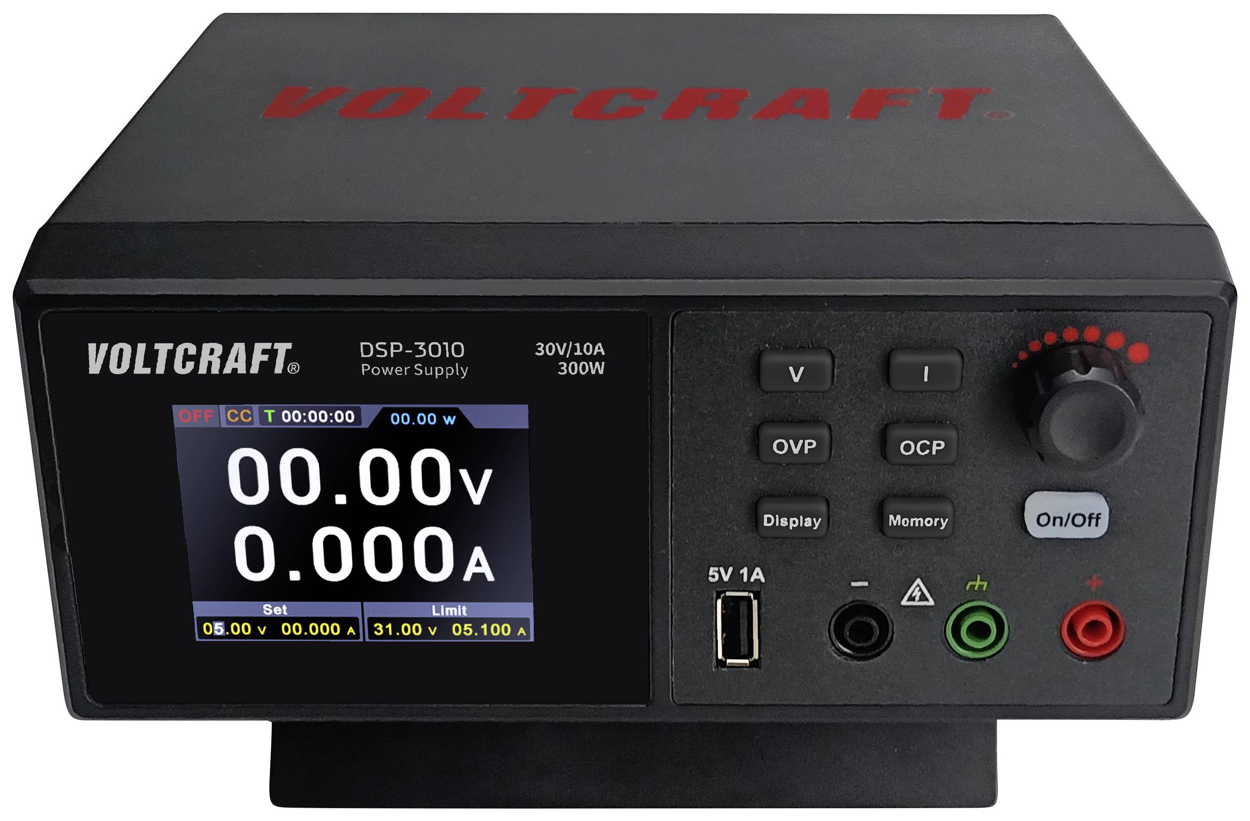 Elektronické napájanie s digitálnym displejom zobrazuje 0,00 V a 0,00 A, s nastavovacími gombíkmi pre napätie a prúd. Model: VOLTCRAFT DSP-3010.