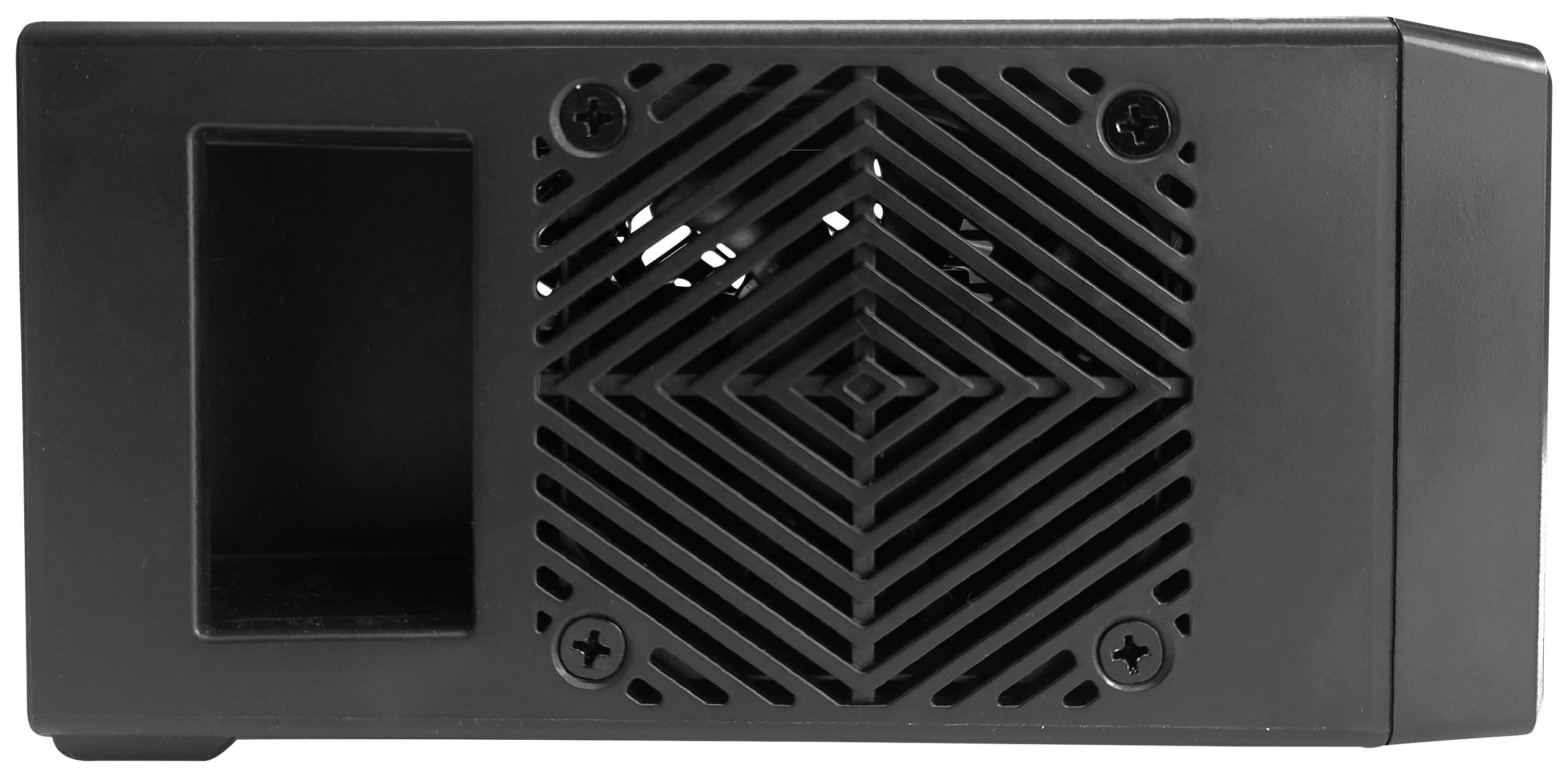 Kompaktný čierny ventilátor so štvorcovou mriežkou a štyrmi upevňovacími skrutkami na prednej strane. Vľavo sa nachádza obdĺžnikový výrez.