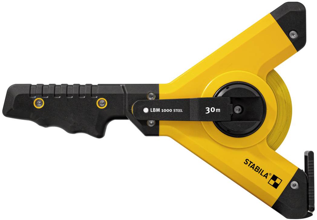Žltý meter s čiernou rukoväťou, dĺžka 30 m, značka 'Stabila LBM 1000 Steel', vhodný pre remeselné merania.
