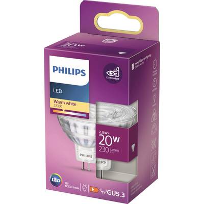 Balenie Philips LED lampy, 2,9W, 230 lúmenov, teplá biela 2700K, pätica GU5.3. Úsporná, s technológiou EyeComfort.